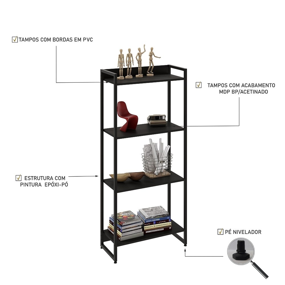 Estante Livreiro Multiuso Dynamica Industrial 60cm 4 Prateleiras C08 Preto Ônix - Mpozenato