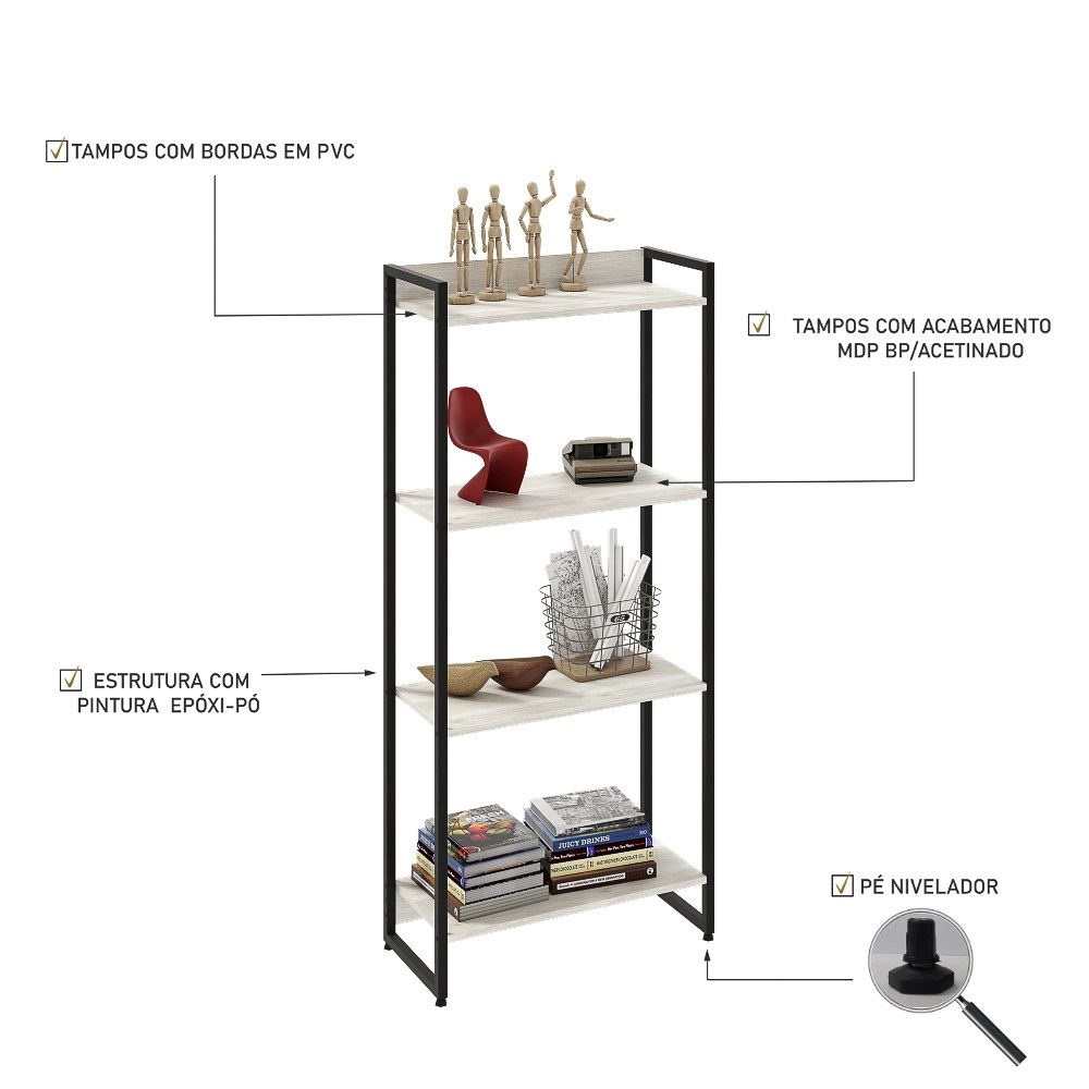 Estante Livreiro Multiuso Dynamica Industrial 60cm 4 Prateleiras C08 Snow - Mpozenato