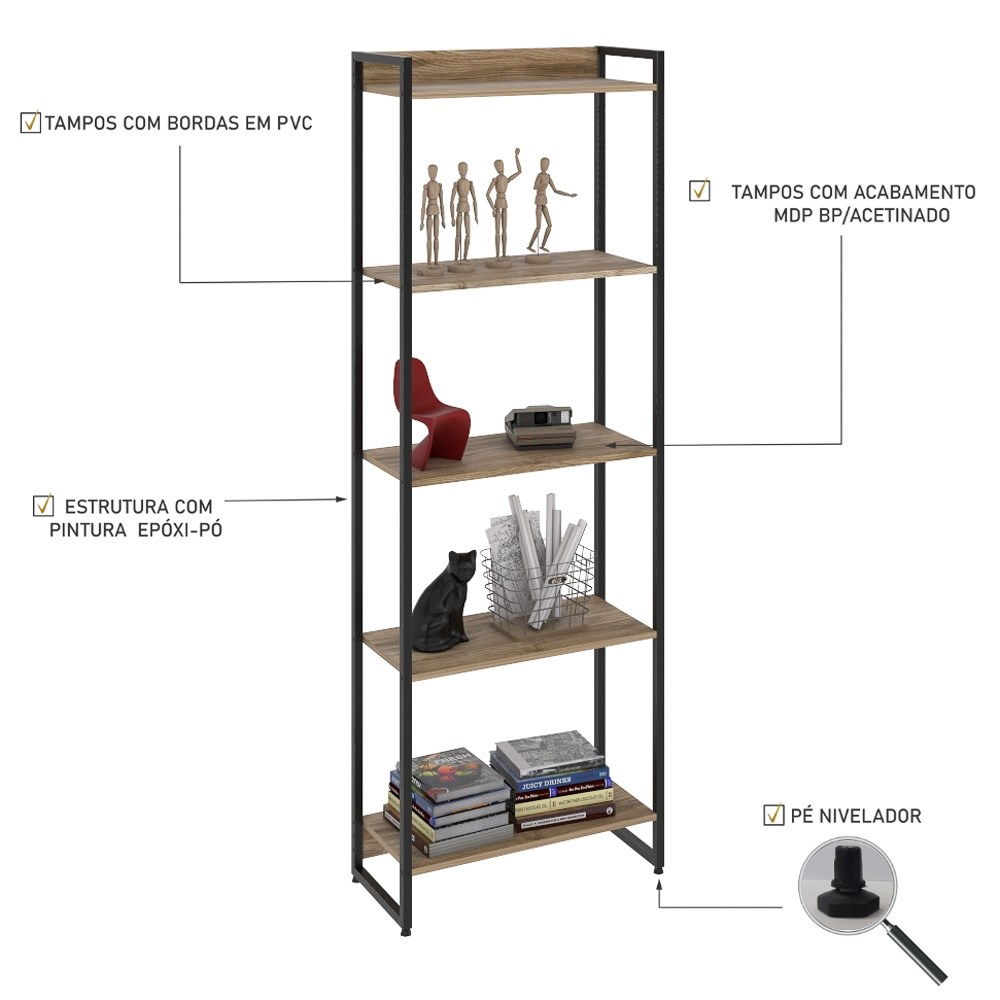 Estante Livreiro Multiuso Dynamica Industrial 60cm 5 Prateleiras C08 Carvalho - Mpozenato