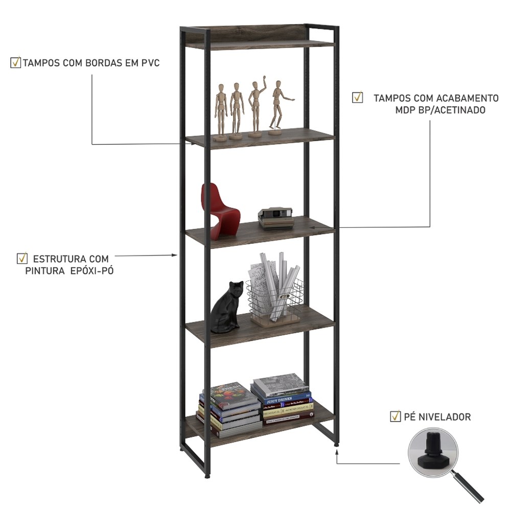 Estante Livreiro Multiuso Dynamica Industrial 60cm 5 Prateleiras C08 Carvalho Dark - Mpozenato