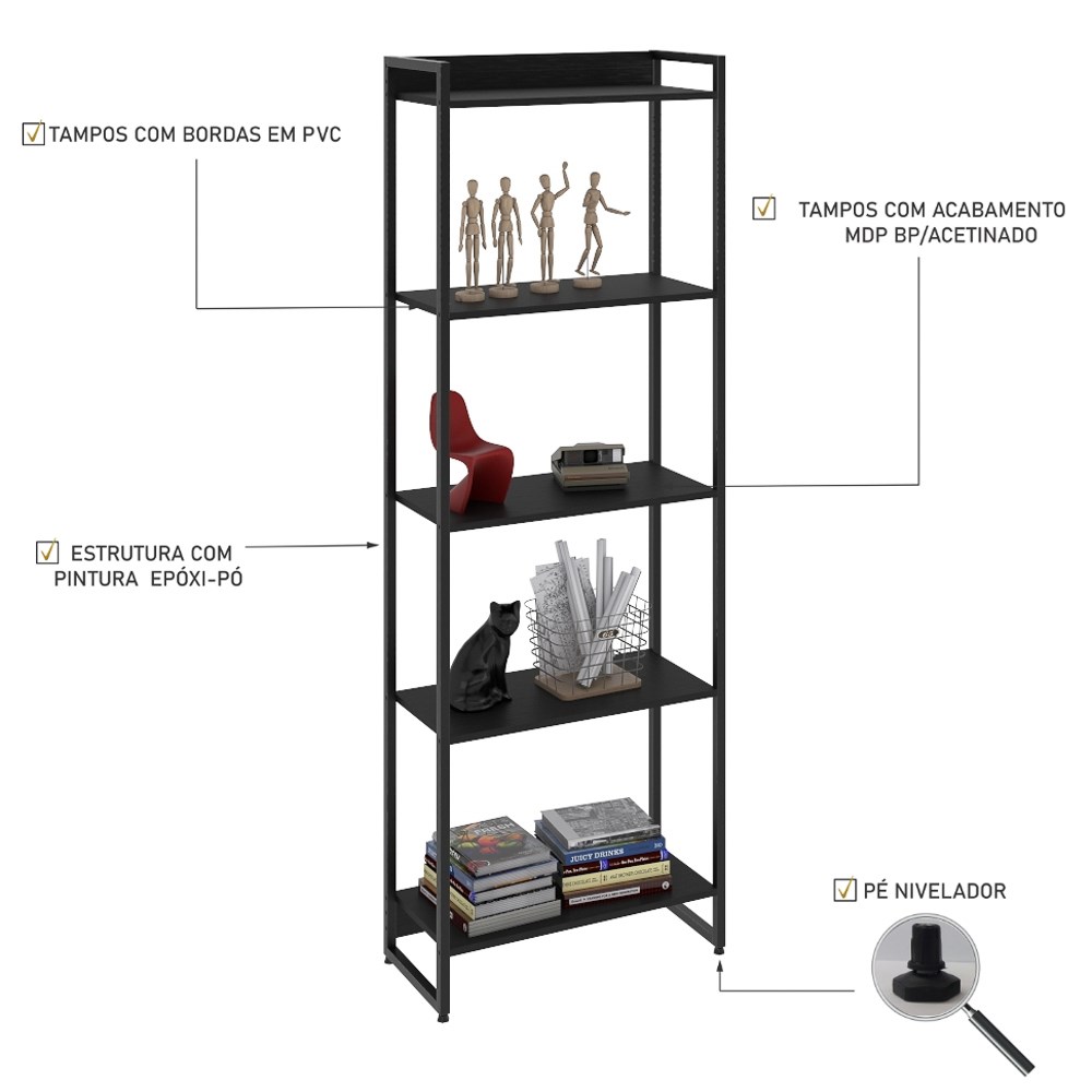 Estante Livreiro Multiuso Dynamica Industrial 60cm 5 Prateleiras C08 Preto Ônix - Mpozenato