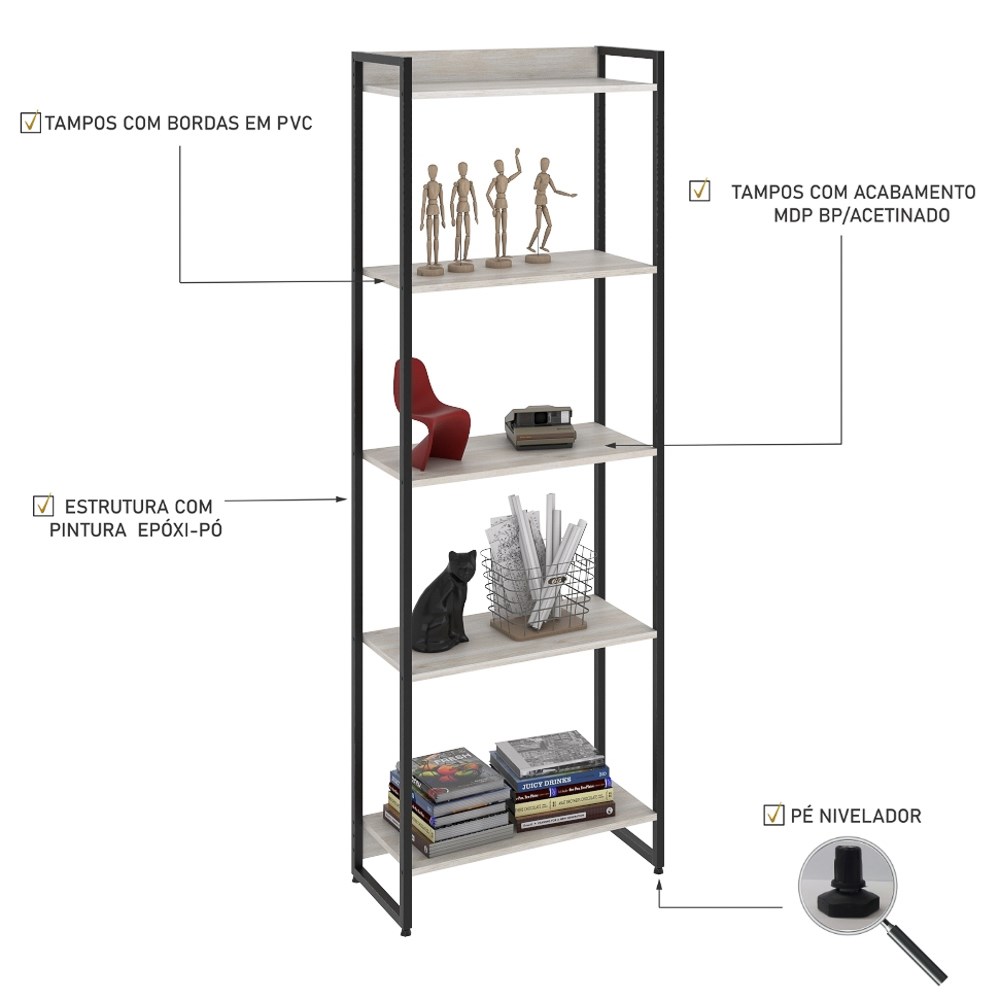 Estante Livreiro Multiuso Dynamica Industrial 60cm 5 Prateleiras C08 Snow - Mpozenato
