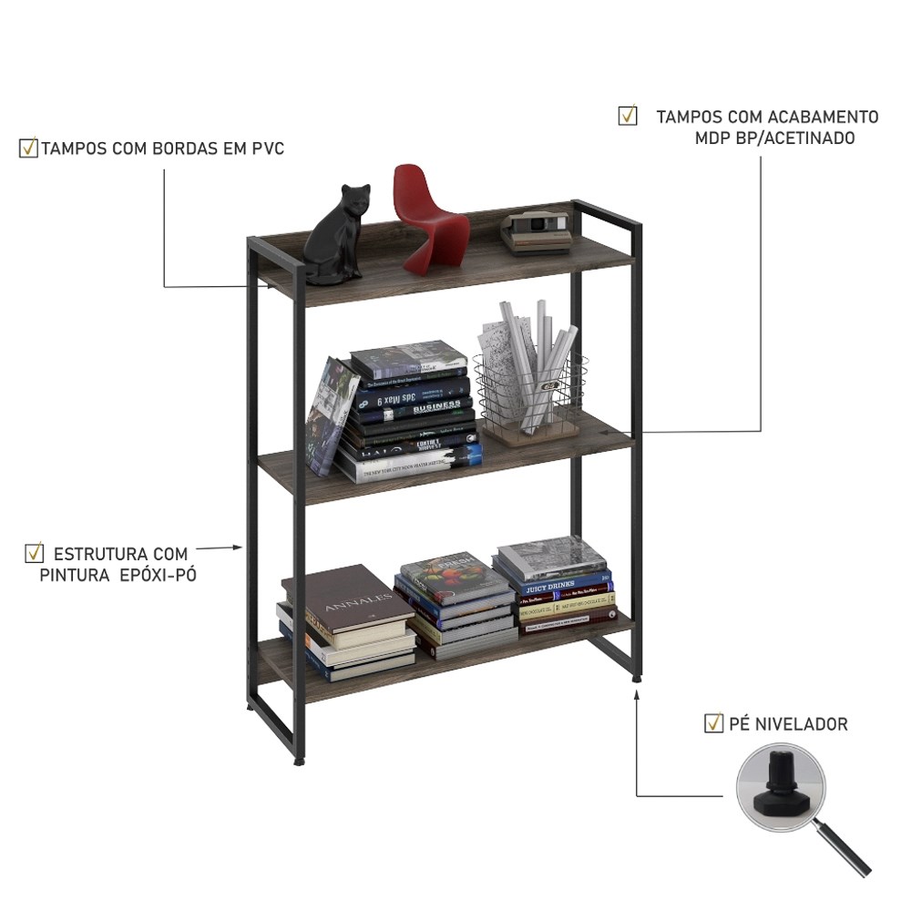 Estante Livreiro Multiuso Dynamica Industrial 80cm 3 Prateleiras C08 Carvalho Dark - Mpozenato