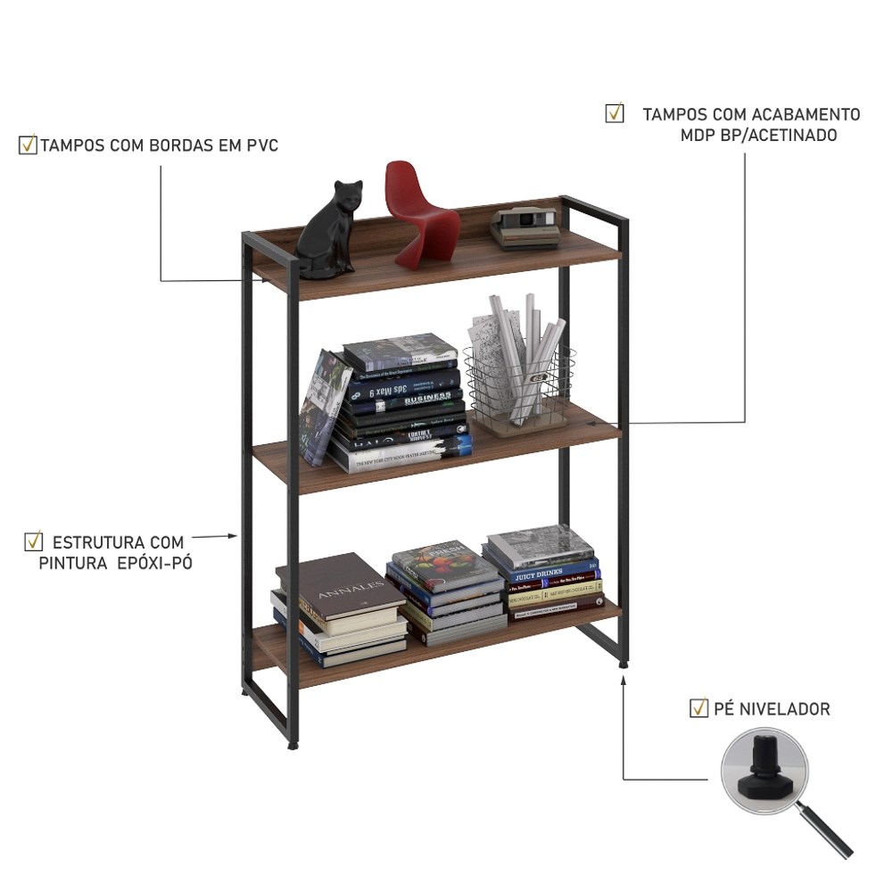 Estante Livreiro Multiuso Dynamica Industrial 80cm 3 Prateleiras C08 Nogal - Mpozenato