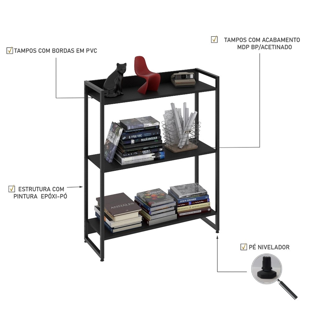 Estante Livreiro Multiuso Dynamica Industrial 80cm 3 Prateleiras C08 Preto Ônix - Mpozenato