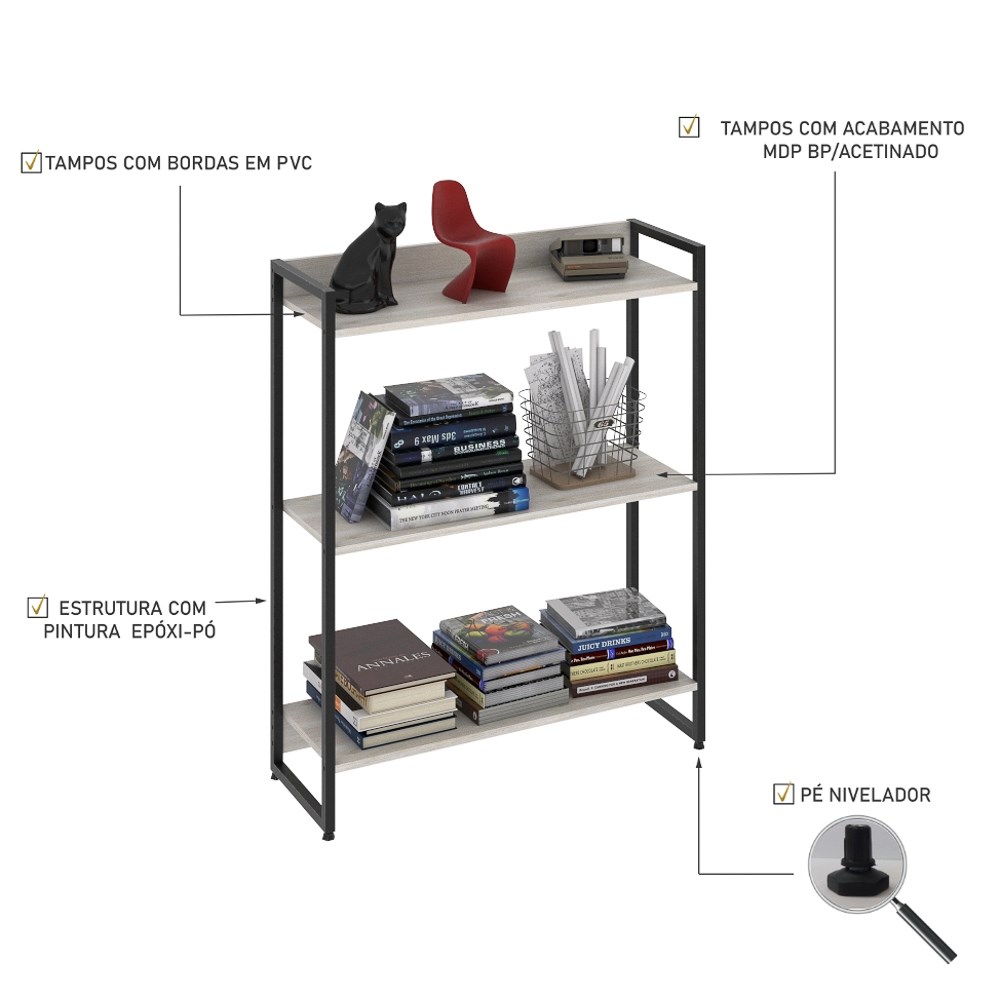 Estante Livreiro Multiuso Dynamica Industrial 80cm 3 Prateleiras C08 Snow - Mpozenato