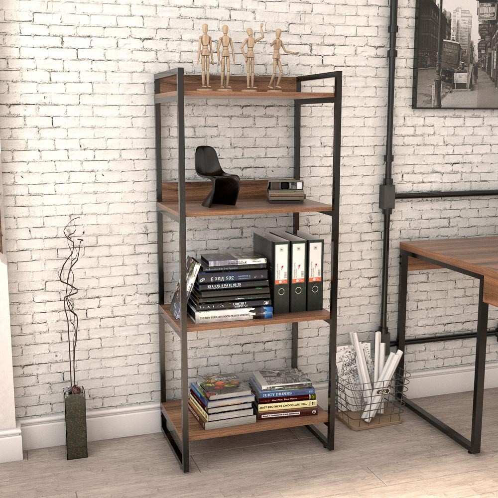 Estante Livreiro Multiuso Prisma Estilo Industrial 60cm 4 Prateleiras C08 Nogal - Mpozenato