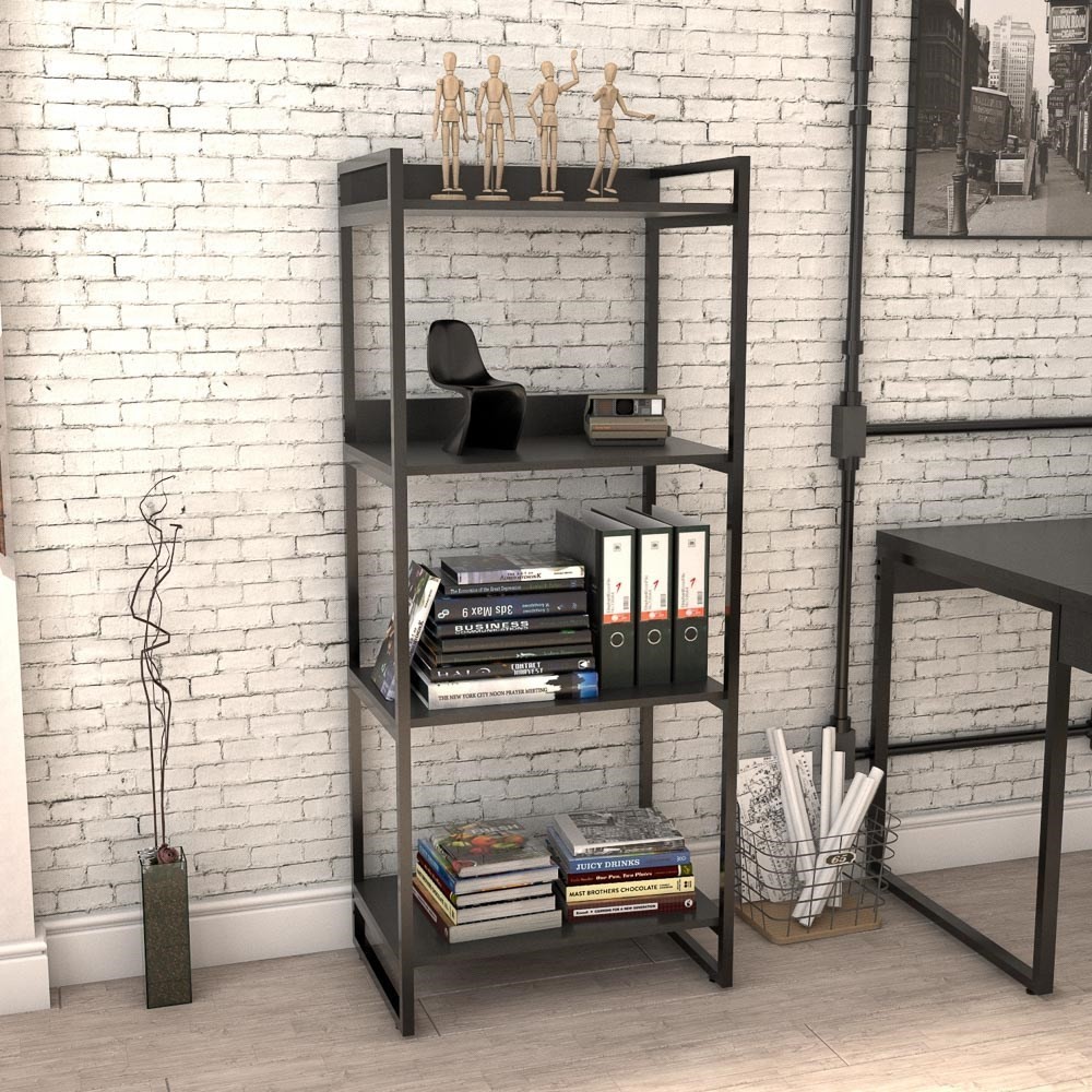 Estante Livreiro Multiuso Prisma Estilo Industrial 60cm 4 Prateleiras C08 Preto Onix - Mpozenato