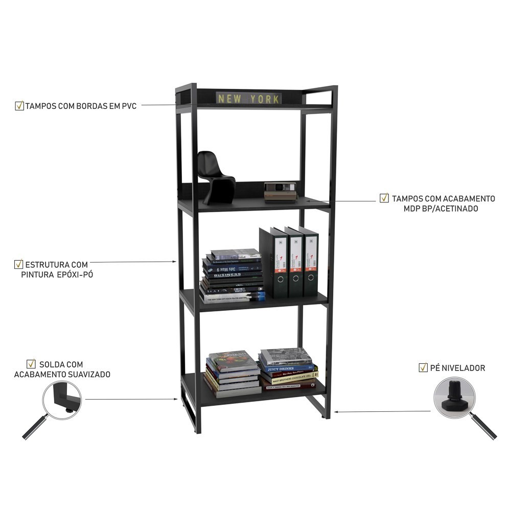 Estante Livreiro Multiuso Prisma Estilo Industrial 60cm 4 Prateleiras C08 Preto Onix - Mpozenato