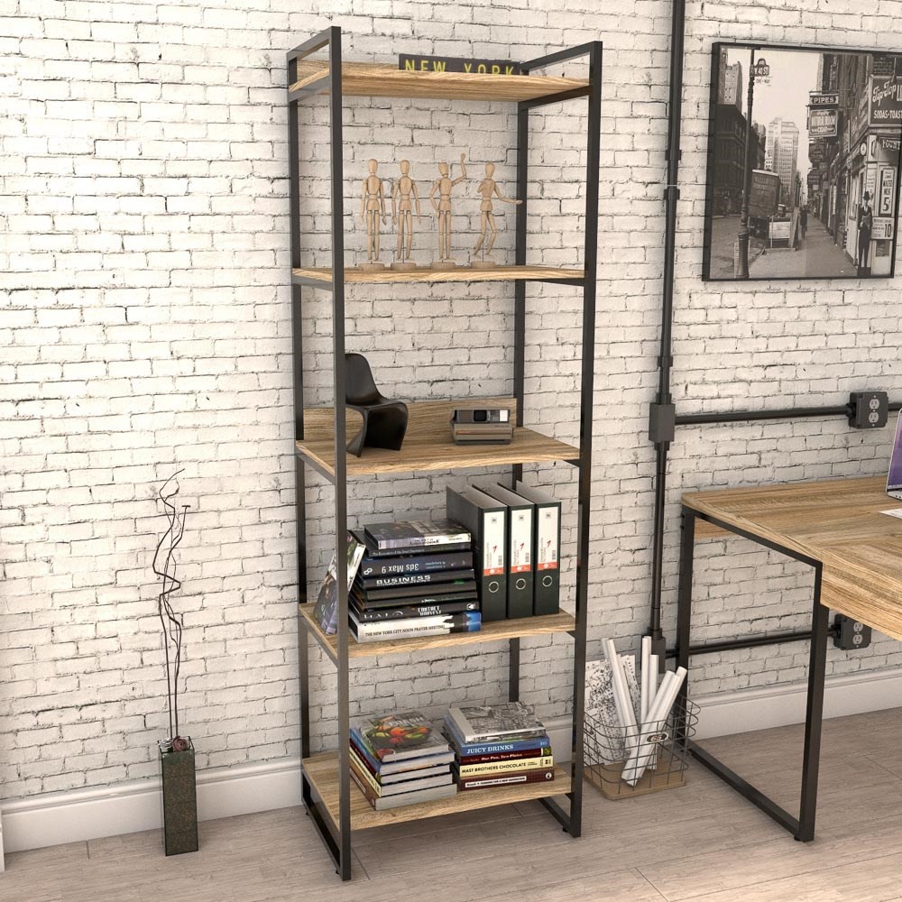 Estante Livreiro Multiuso Prisma Estilo Industrial 60cm 5 Prateleiras C08 Carvalho - Mpozenato