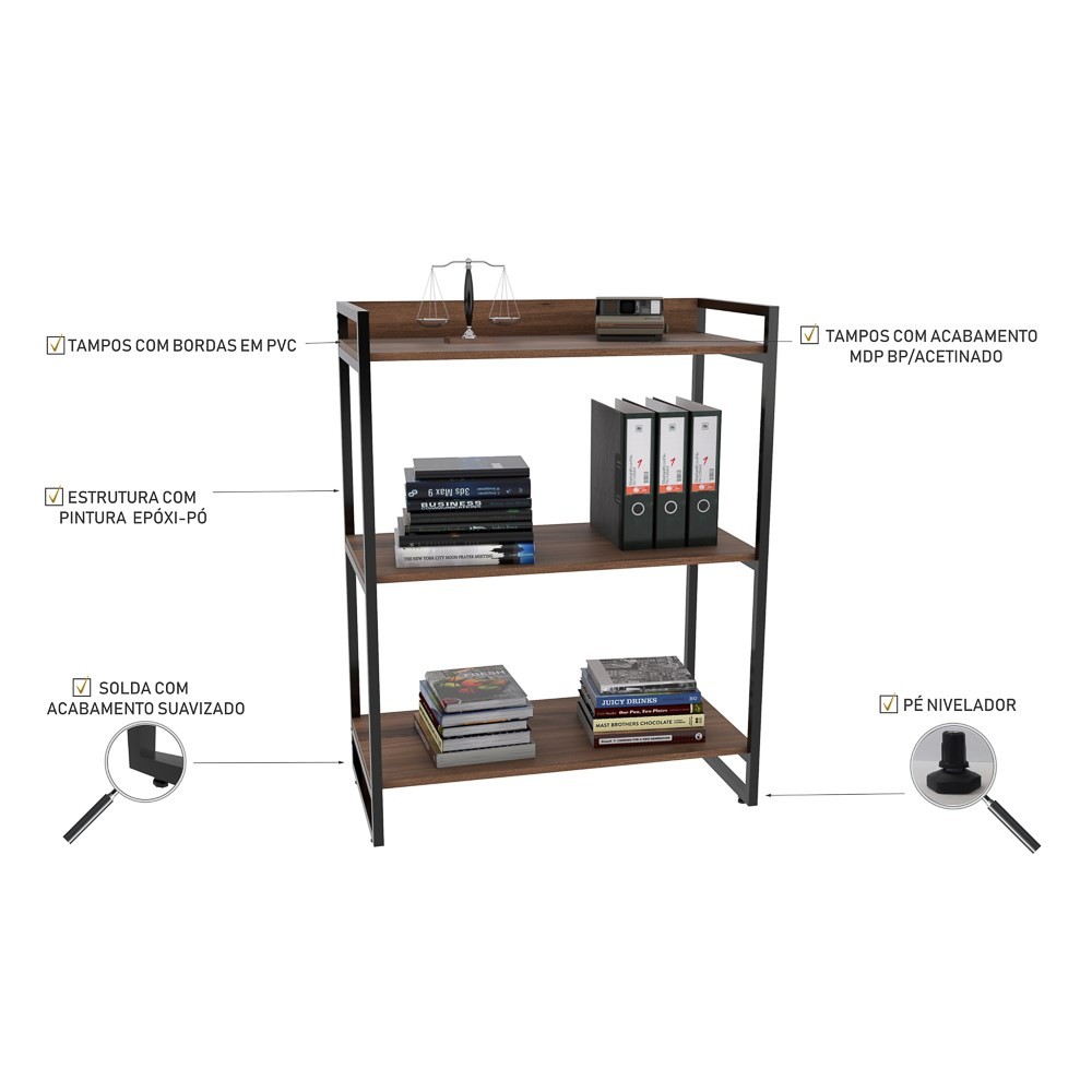 Estante Livreiro Multiuso Prisma Estilo Industrial 80cm 3 Prateleiras C08 Nogal - Mpozenato