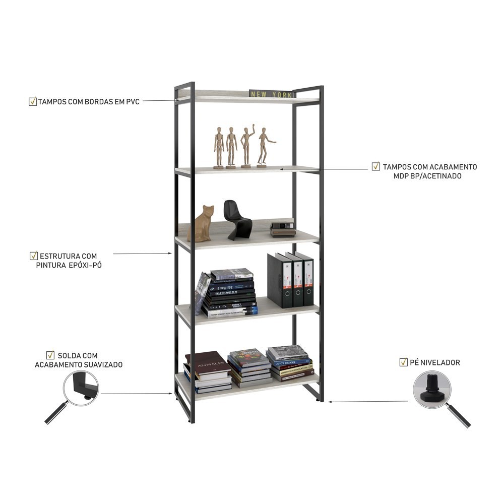Estante Livreiro Multiuso Prisma Estilo Industrial 80cm 5 Prateleiras C08 Snow - Mpozenato