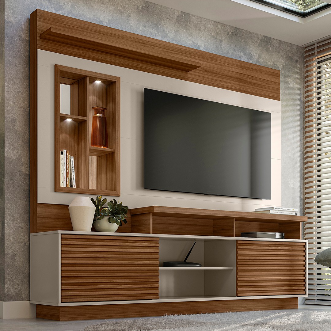 Estante Painel Para TV 60 Pol com LED 200cm Dora L06 Jatobá/Off White - Mpozenato