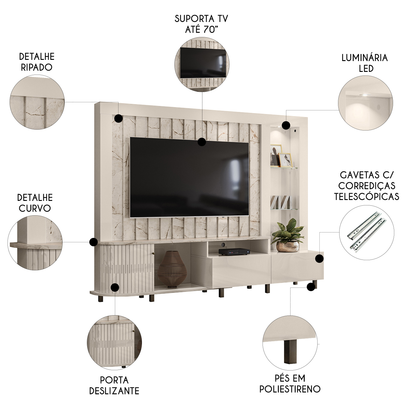 Estante Painel Para TV 70 Pol 242cm Le Gard Z10 Off/Calacata - Mpozenato
