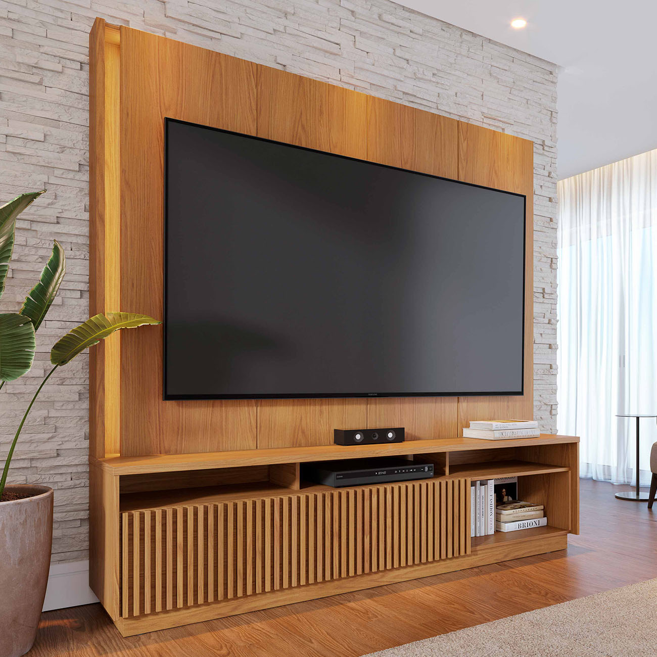 Estante Painel TV 75 Pol Com LED 200cm Mafra Freijó C05    - Mpozenato