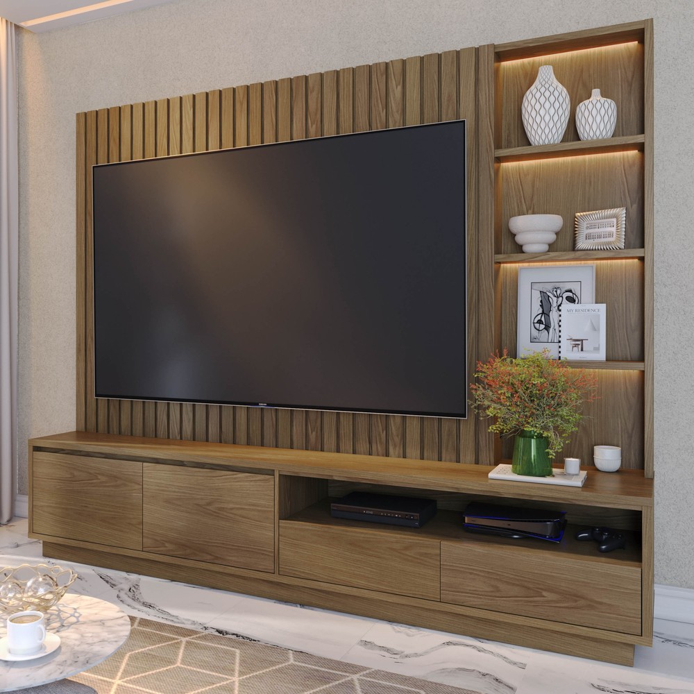 Estante Painel para TV 82 Pol 240cm com LED Hawai C05 Amêndoa - Mpozenato
