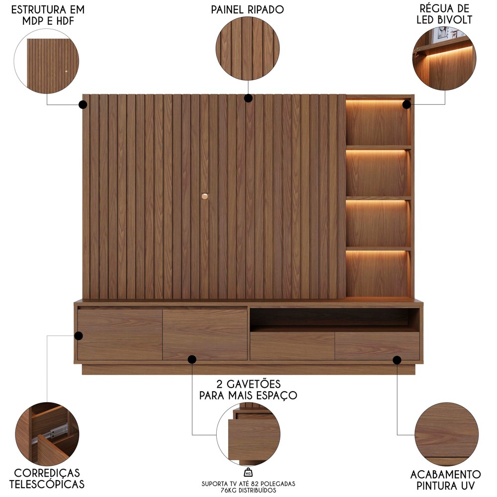 Estante Painel para TV 82 Pol 240cm com LED Hawai C05 Amêndoa - Mpozenato
