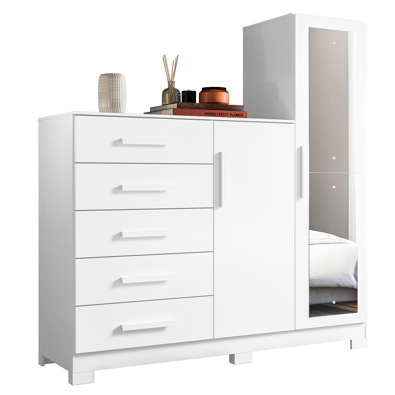 Guarda Roupa Cômoda com Espelho 158cm Suiça A02 Branco - Mpozenato