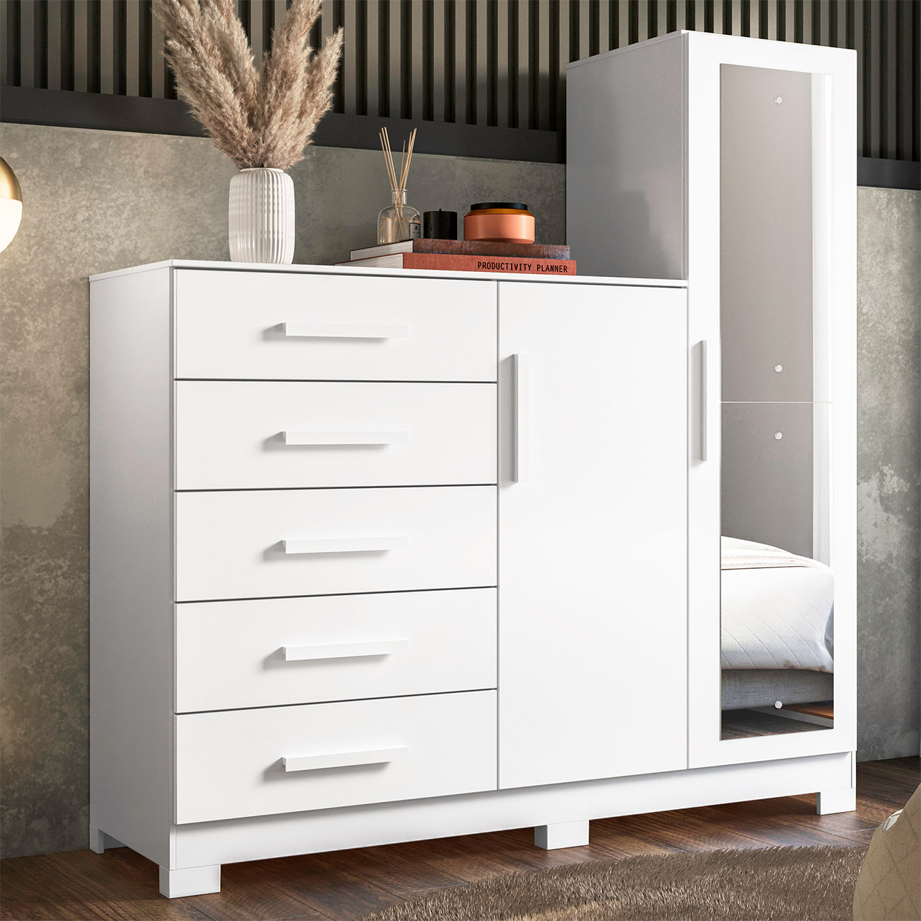 Guarda Roupa Cômoda com Espelho 158cm Suiça A02 Branco - Mpozenato