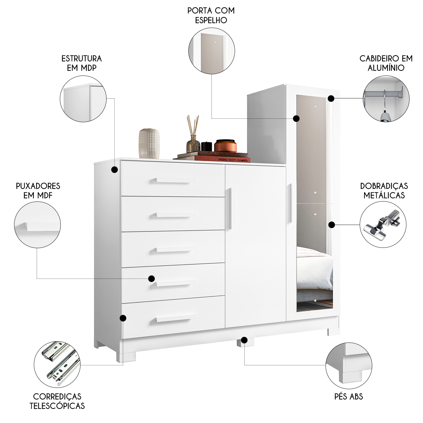 Guarda Roupa Cômoda com Espelho 158cm Suiça A02 Branco - Mpozenato