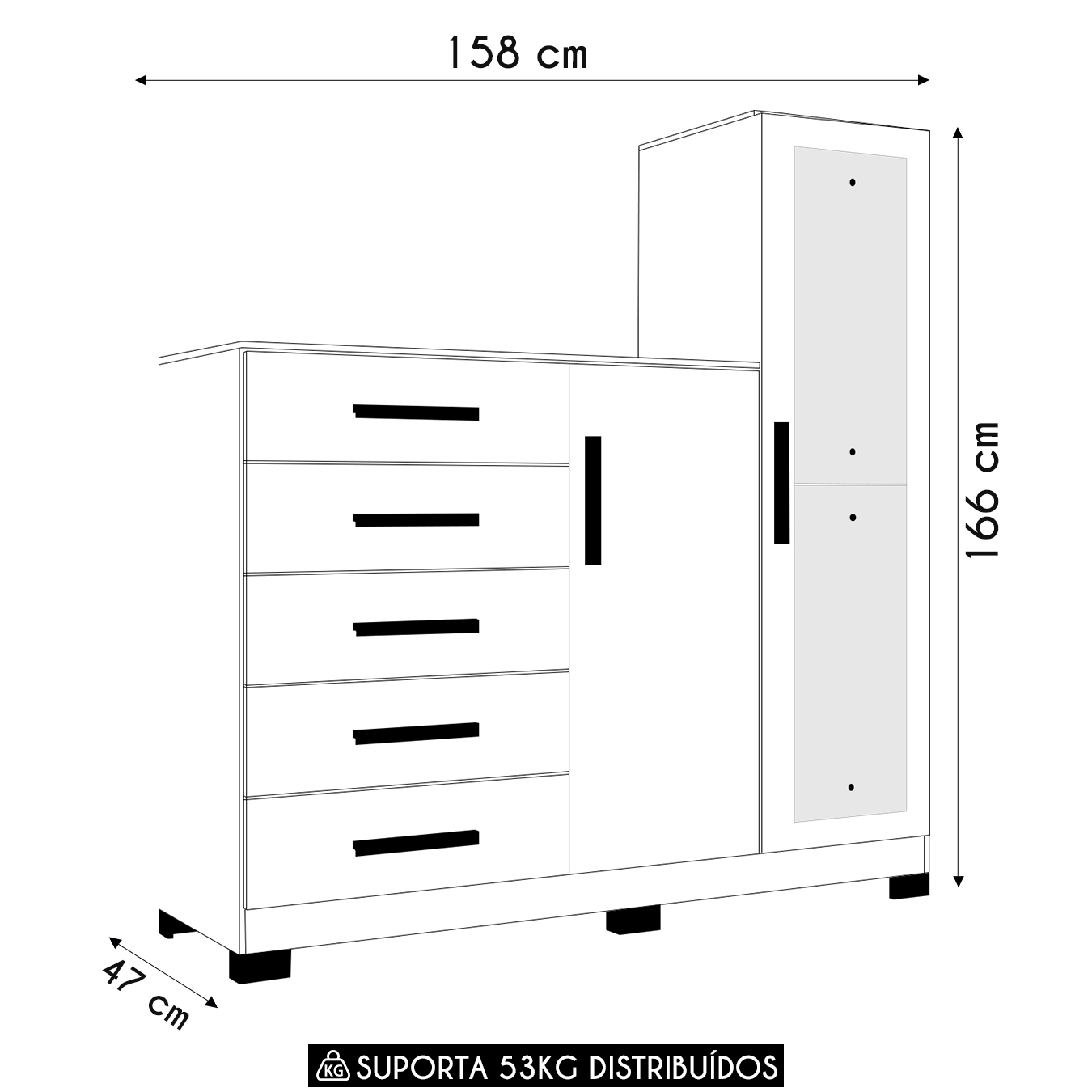 Guarda Roupa Cômoda com Espelho 158cm Suiça A02 Branco - Mpozenato
