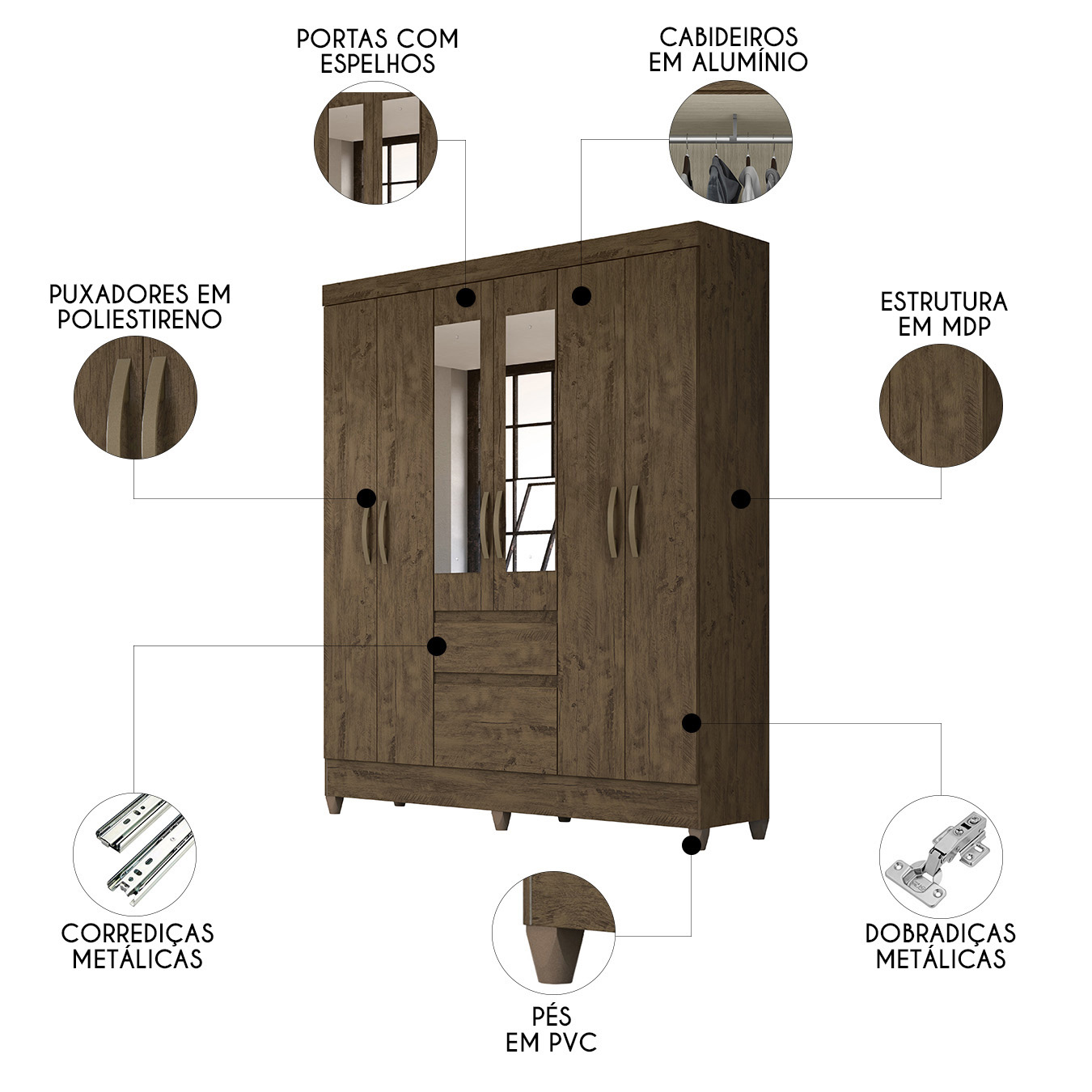 Guarda Roupa Casal 162cm Com Espelho Cuban Castanho Wood Z17 - Mpozenato