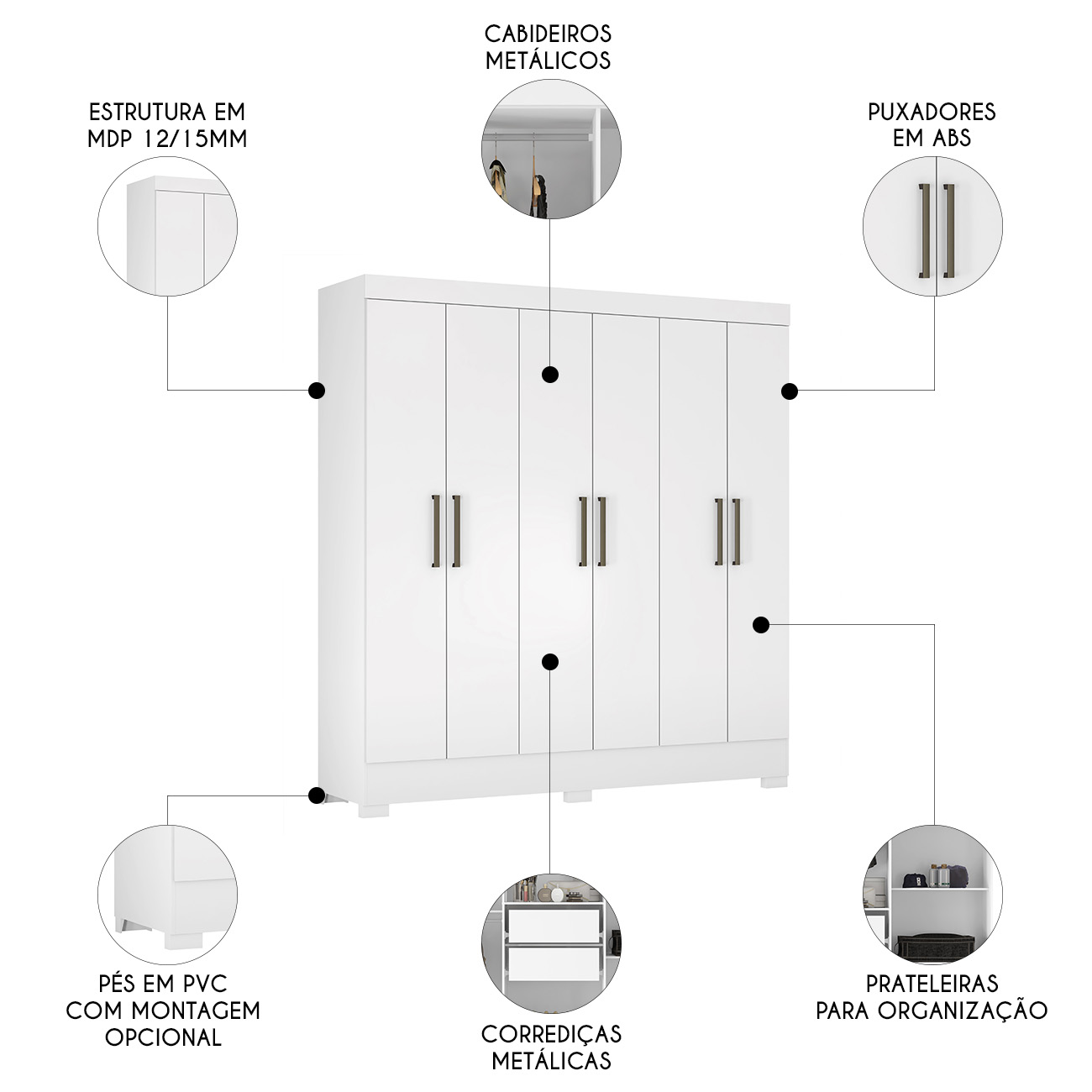 Guarda Roupa Casal 180cm 6 Portas Vanci D02 Branco - Mpozenato