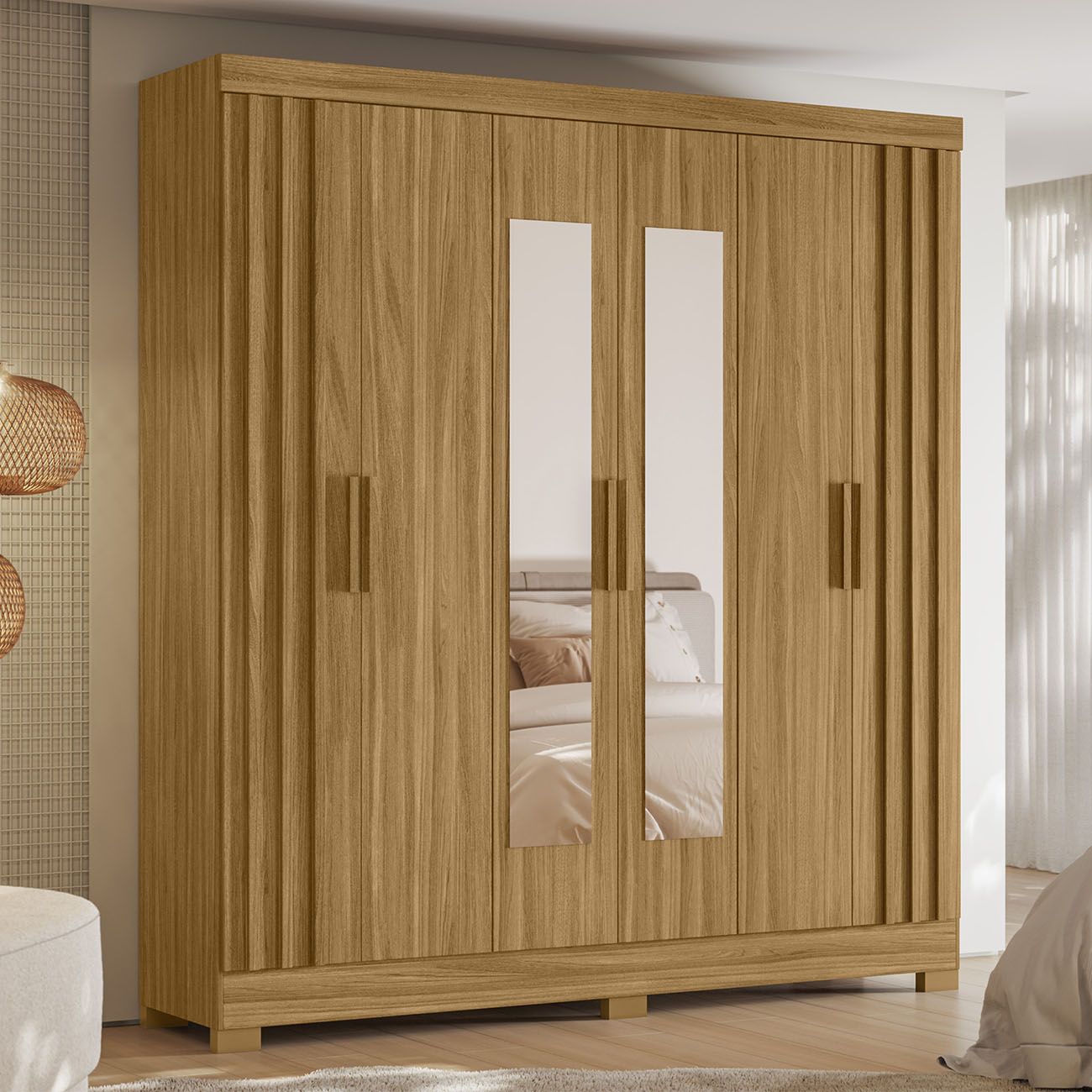 Guarda Roupa Casal 195cm Espelho Ripado Arlon M07 Freijó - Mpozenato