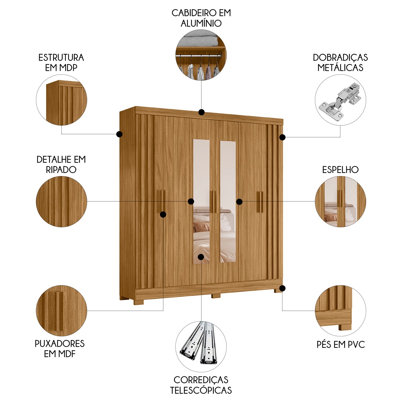 Guarda Roupa Casal 195cm Espelho Ripado Arlon M07 Freijó - Mpozenato