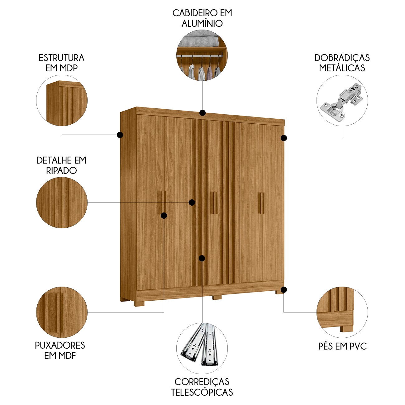 Guarda Roupa Casal 195cm Ripado Arlon M07 Freijó - Mpozenato