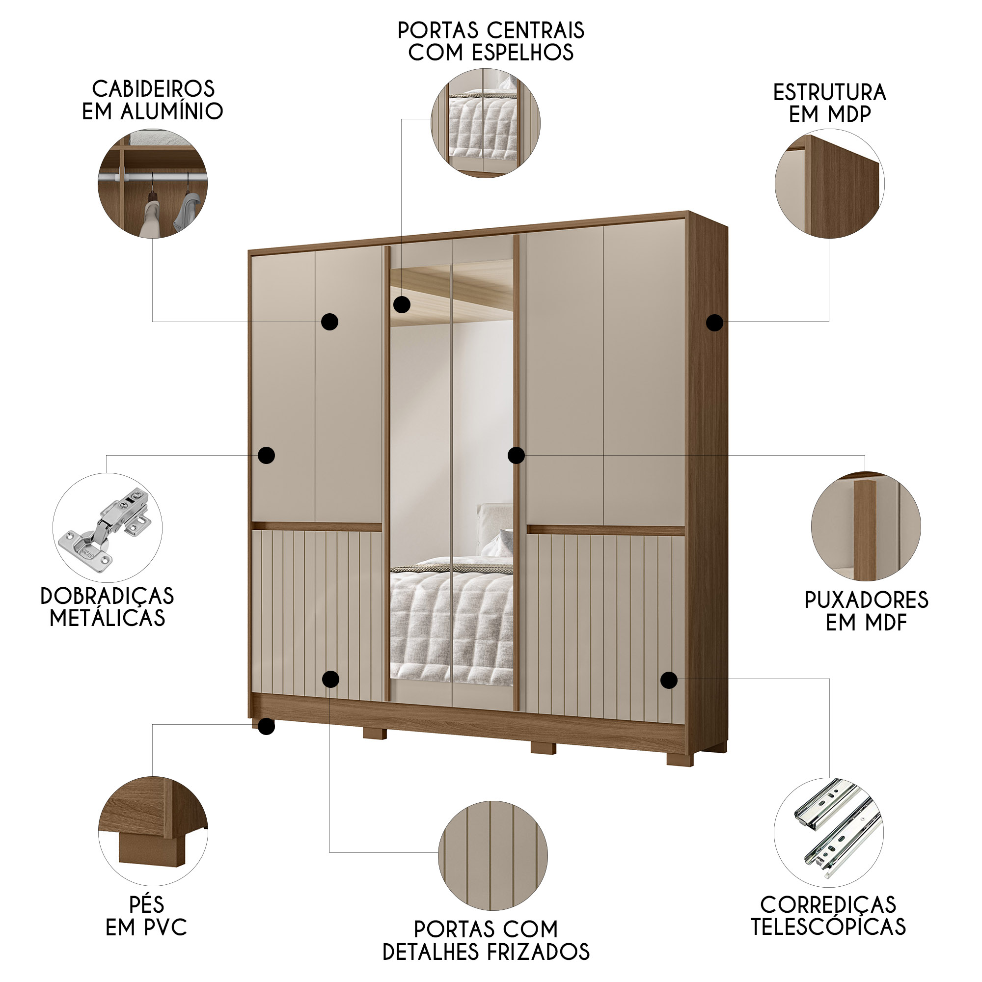 Guarda Roupa Casal 216cm Com Espelho Freeze Carvalho/Fendi Z17 - Mpozenato
