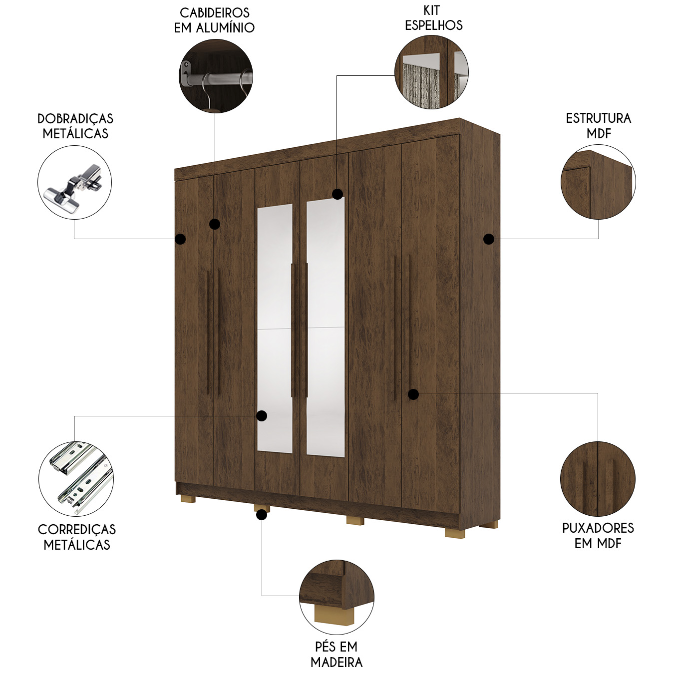 Guarda Roupa Casal 218cm Com Espelho Bolty Imbuia Rústico V02 - Mpozenato