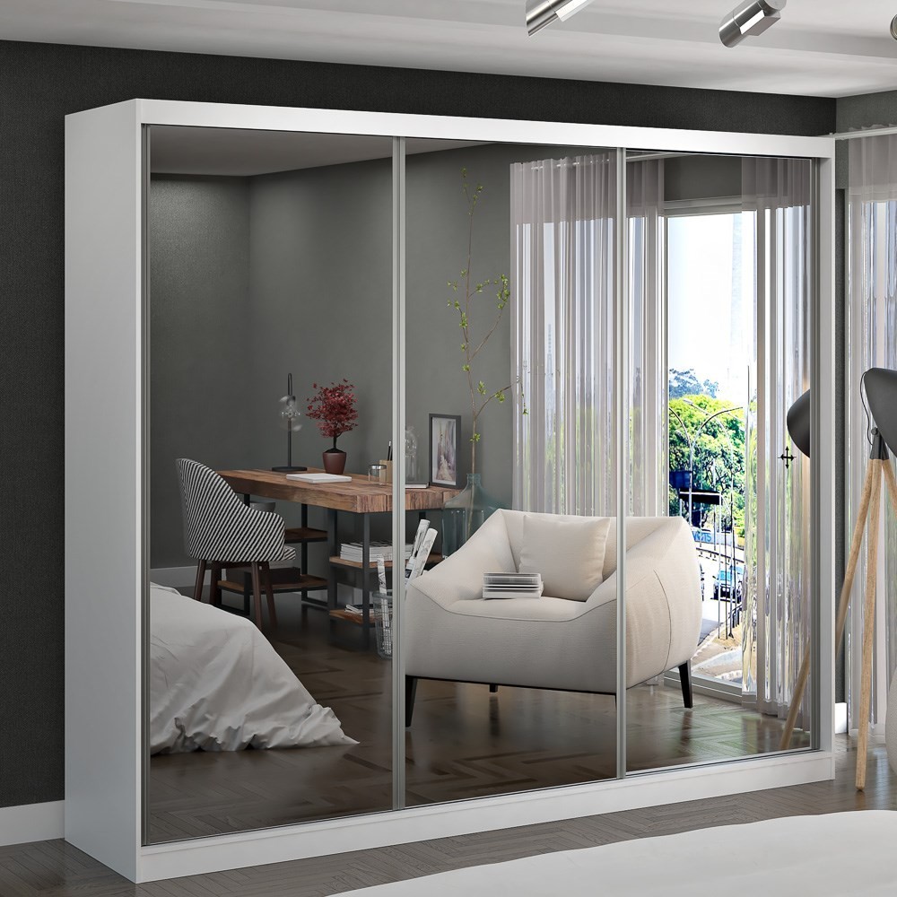 Guarda Roupa Casal 264cm 3 Portas de Correr 3 Espelhos Winter F04 Branco - Mpozenato