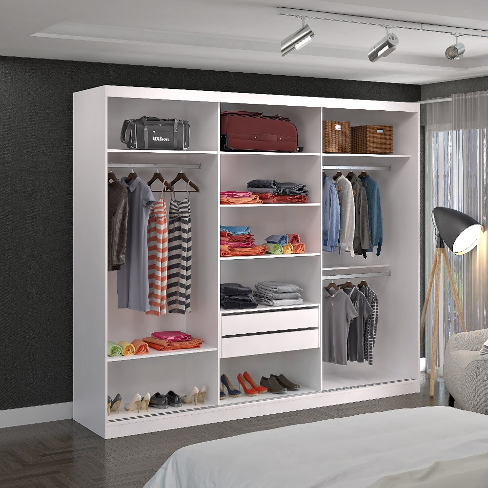 Guarda Roupa Casal 264cm 3 Portas de Correr 3 Espelhos Winter F04 Branco - Mpozenato
