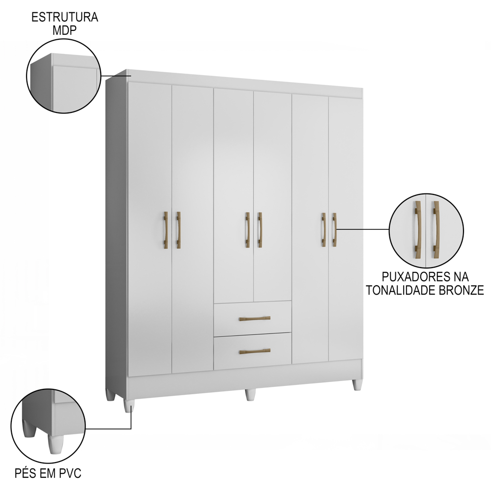 Guarda Roupa Casal 6 Portas 2 Gavetas 153cm Paraná M07 Branco - Mpozenato