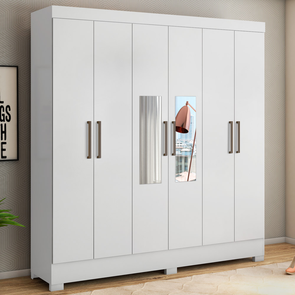 Guarda Roupa Casal 6 Portas com Espelho Elite 3 Gavetas Pratico D02 Branco - Mpozenato
