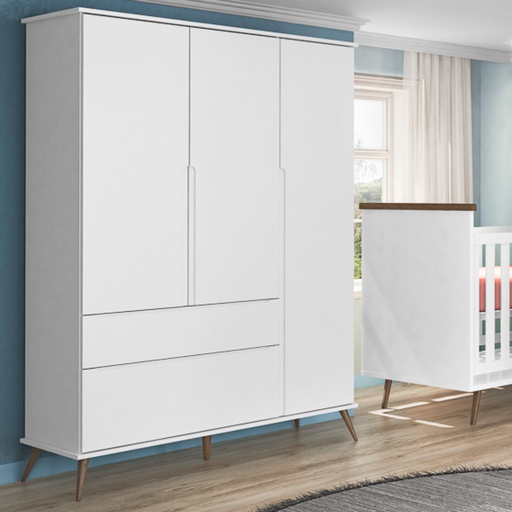 Guarda Roupa Infantil 100% MDF 3 Portas Pés Retrô Mel P04 Branco - Mpozenato