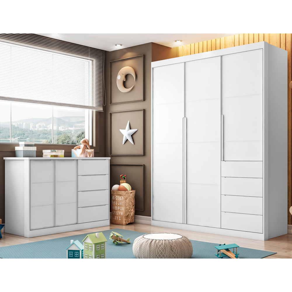 Guarda Roupa Infantil 3 Portas 4 Gavetas Lua P04 Branco - Mpozenato