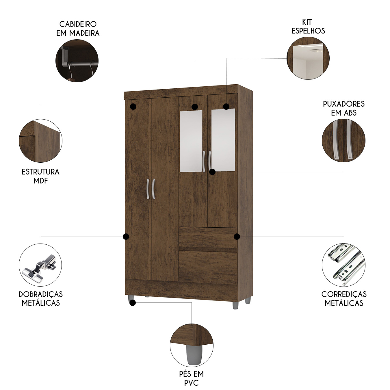 Guarda Roupa Solteiro 103cm Com Espelho Mayra Imbuia Rústico V02 - Mpozenato