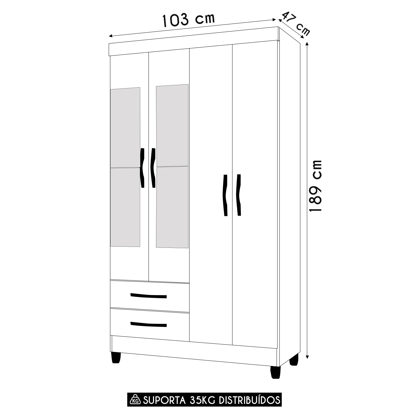 Guarda Roupa Solteiro 103cm com Espelho Dony Flex A02 Branco - Mpozenato