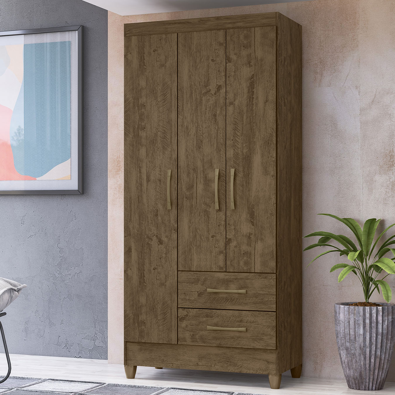 Guarda Roupa Solteiro 82cm 3 Portas Zeno Castanho Wood Z17   - Mpozenato