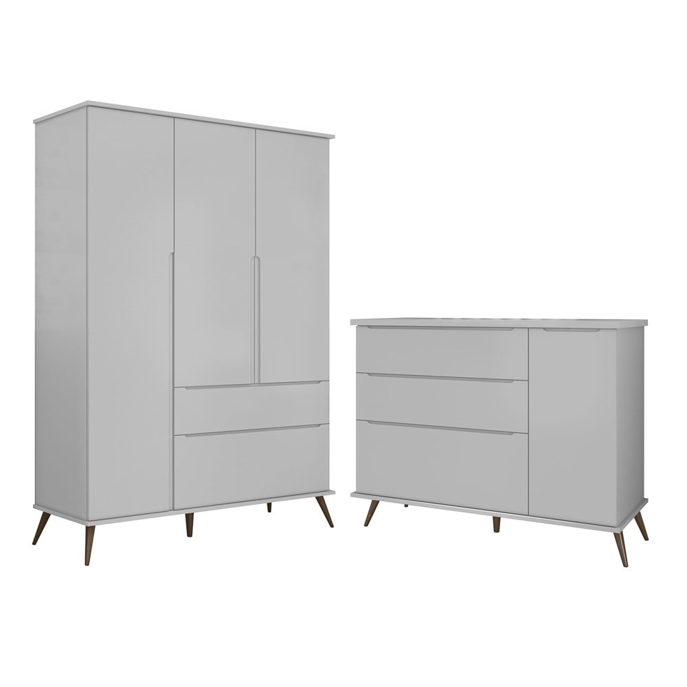 Jogo De Quarto Infantil Guarda Roupa 3 Portas e Cômoda 1 Porta 3 Gavetas 100% Mdf P04 Mel Branco - Mpozenato