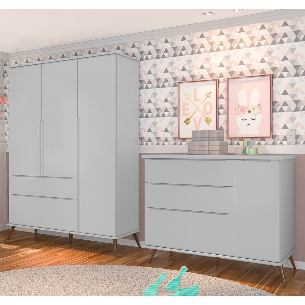 Jogo De Quarto Infantil Guarda Roupa 3 Portas e Cômoda 1 Porta 3 Gavetas 100% Mdf P04 Mel Branco - Mpozenato