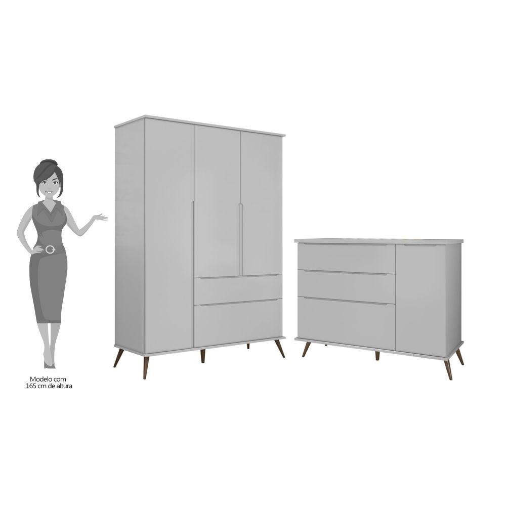 Jogo De Quarto Infantil Guarda Roupa 3 Portas e Cômoda 1 Porta 3 Gavetas 100% Mdf P04 Mel Branco - Mpozenato