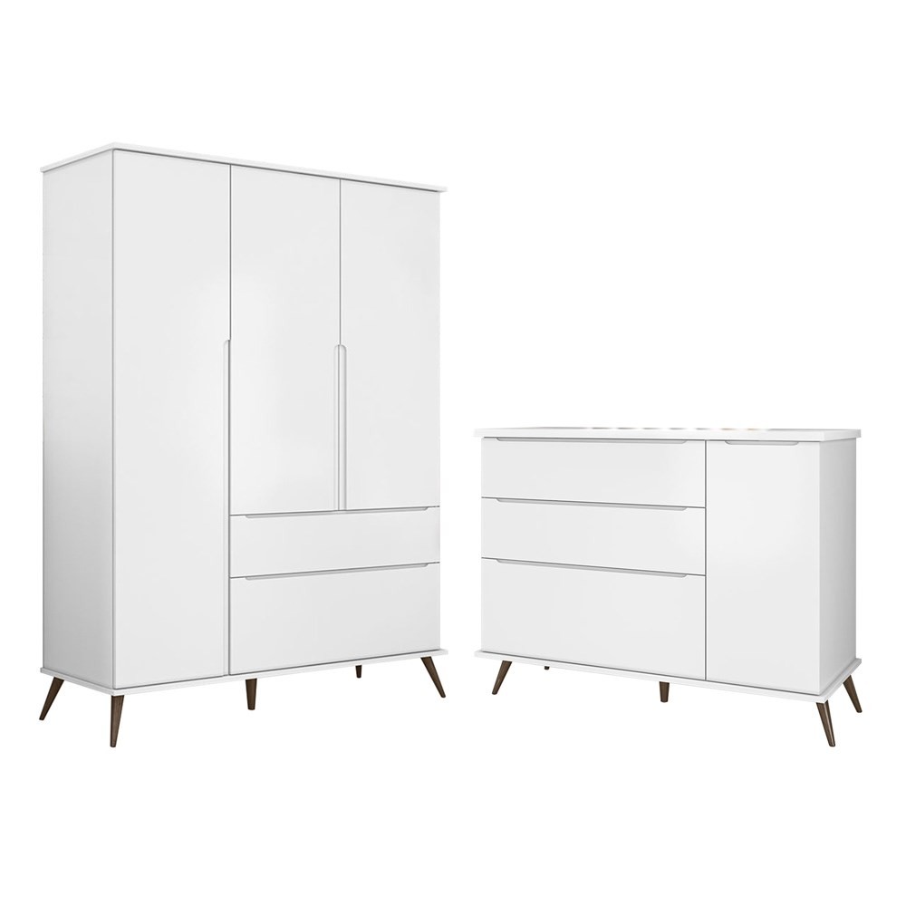 Jogo De Quarto Infantil Guarda Roupa 3 Portas e Cômoda 1 Porta 3 Gavetas 100% Mdf P04 Mel Branco - Mpozenato