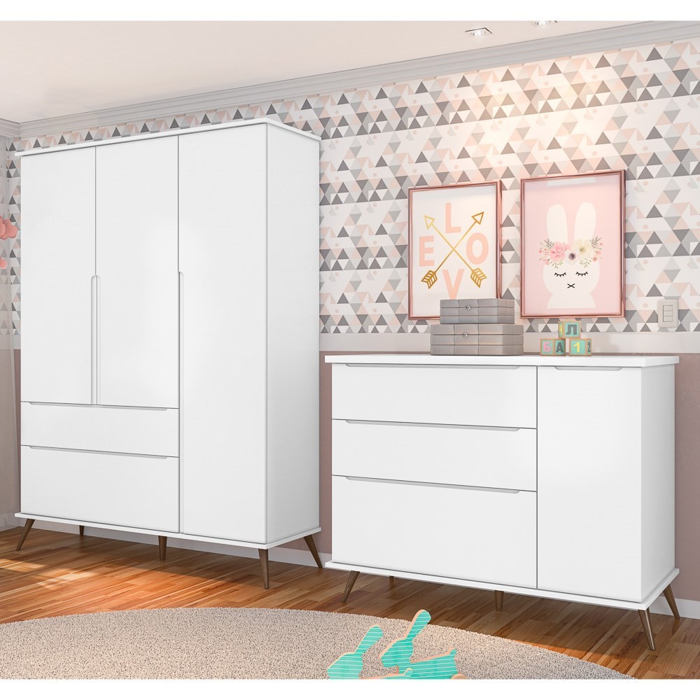 Jogo De Quarto Infantil Guarda Roupa 3 Portas e Cômoda 1 Porta 3 Gavetas 100% Mdf P04 Mel Branco - Mpozenato
