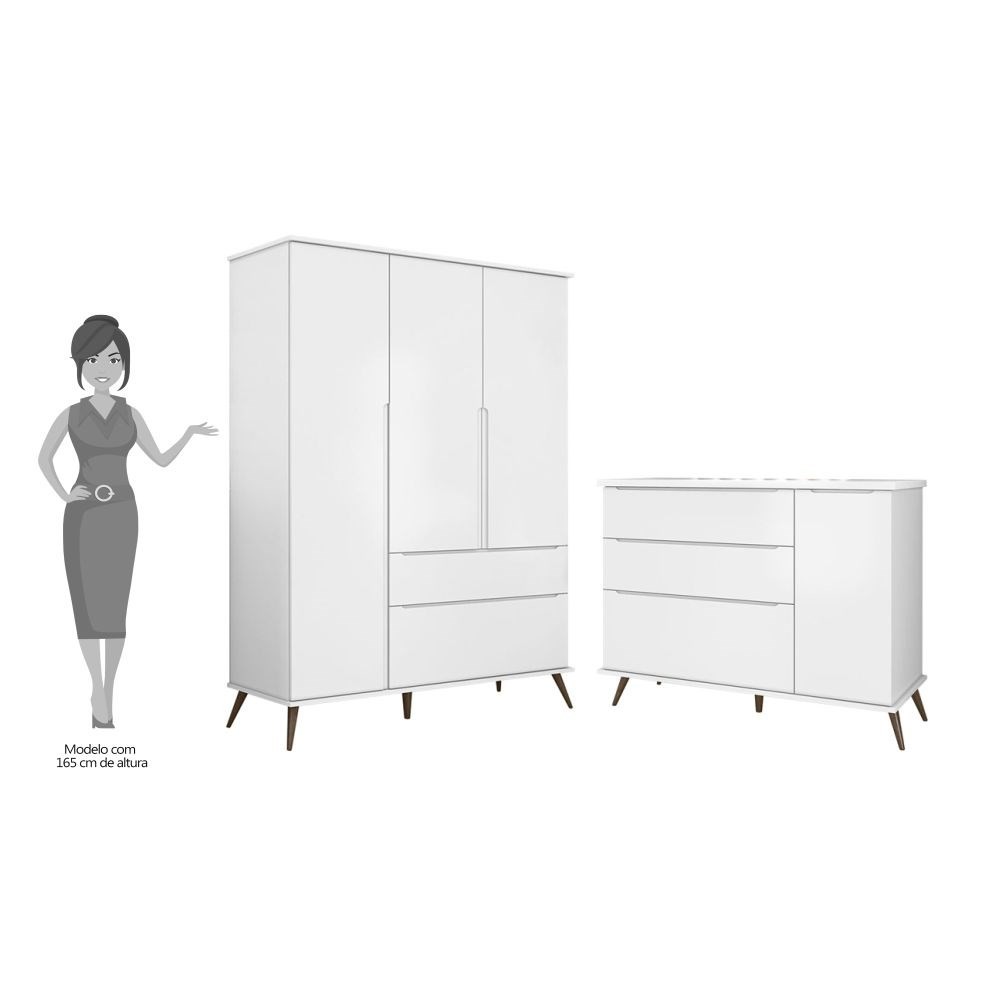 Jogo De Quarto Infantil Guarda Roupa 3 Portas e Cômoda 1 Porta 3 Gavetas 100% Mdf P04 Mel Branco - Mpozenato