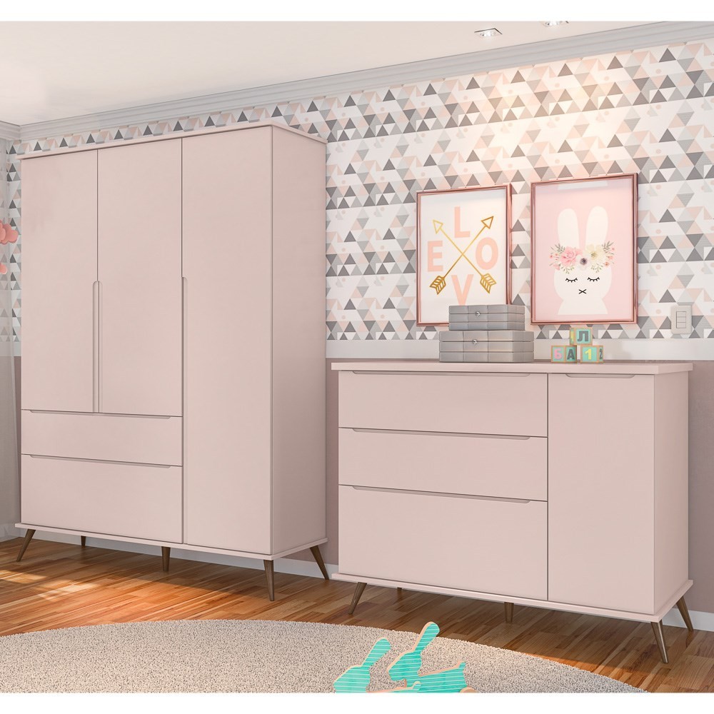 Jogo De Quarto Infantil Guarda Roupa 3 Portas e Cômoda 1 Porta 3 Gavetas 100% Mdf P04 Mel Cinza - Mpozenato