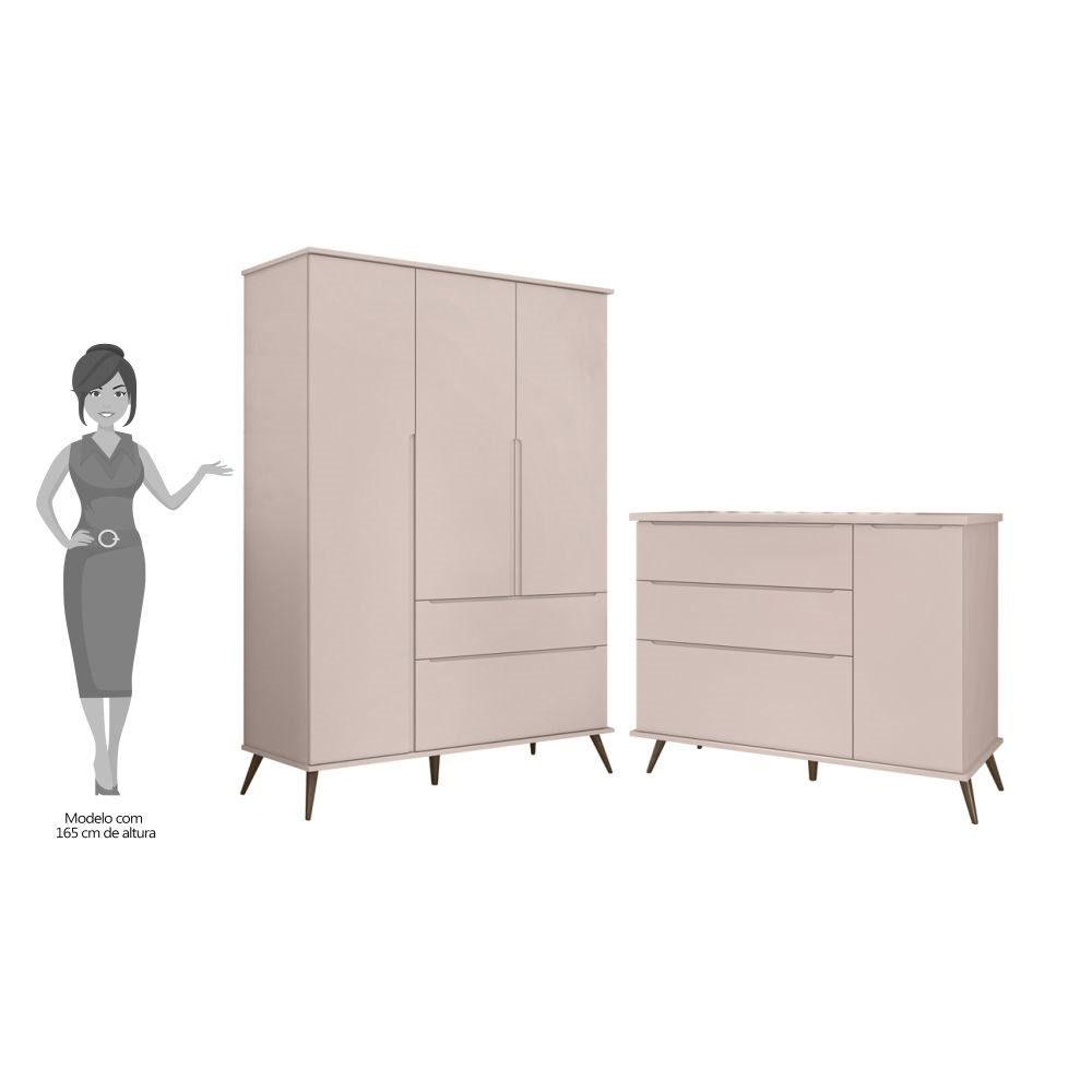 Jogo De Quarto Infantil Guarda Roupa 3 Portas e Cômoda 1 Porta 3 Gavetas 100% Mdf P04 Mel Cinza - Mpozenato