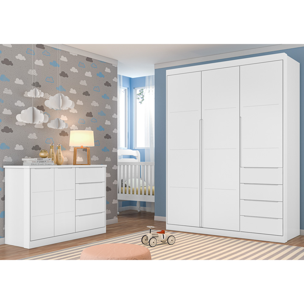 Jogo de Quarto Infantil Guarda Roupa 2 Portas e Cômoda 4 Gavetas Lua P04 Branco - Mpozenato